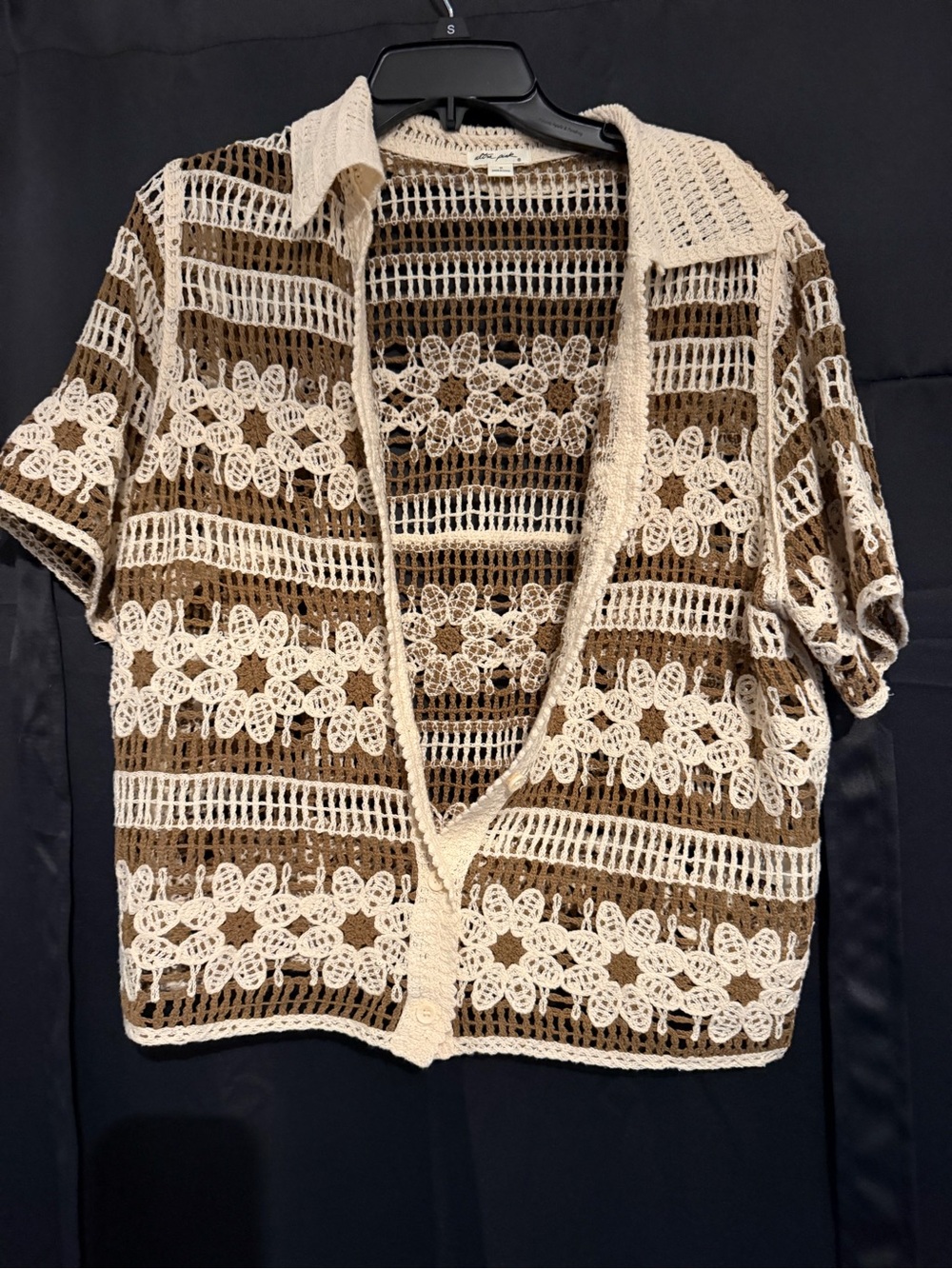 Ultra Pink Crochet Openwork Cardigan in Cream & Brown